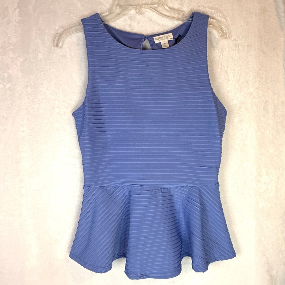 Bisou Bisou Michele Bohbot Peplum Top M Blue Ribbed Sleeveless Stretch NWT